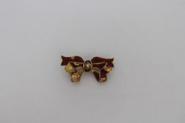 18ct Gold Enamel Pearl Bow Form Brooch