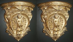 Pair of Gilded Hand Carved Cherubic Wall Brackets