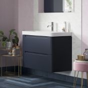 New & Boxed (C7) Lambra 800mm 2 Drawer Wall Hung Vanity Unit - Matt Indigo. RRP £465.00. Comes...