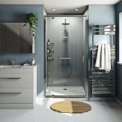 RRP £225. 760mm Orchard 6mm Pivot Hinged Glass Shower Door With Silver Frame. 1850mm Tall