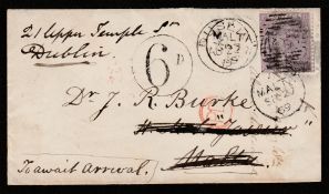 Malta 1869 Cover franked 6d from Dublin to Malta, redirected back to Dublin, a circular framed 