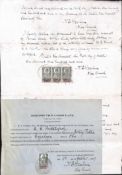 G.B. - Revenues / U.S.A. 1909 Consular Service 5s strip of three used on double sided portion of a l