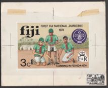 Fiji 1974. Original artwork for First National Scout Jamboree 3c depicting Cubs preparing a fire, wi