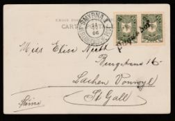 Levant / Austria / Turkey 1906 Picture postcard to Switzerland with Turkey 10pa pair cancelled 