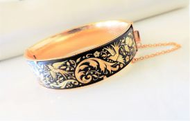 Vintage Damascene Hinged Cuff Bangle with Safety Chain