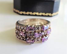 Sterling Silver Amethyst & Sapphire Cluster Band Ring New with Gift Pouch