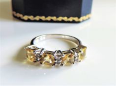 Sterling Silver Yellow Citrine & White Sapphire Ring New with Gift Pouch