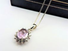 Sterling Silver Rose de France Cabochon Amethyst Pendant New with Gift Pouch