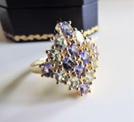 Gold Silver 3ct Aquamarine & Tanzanite Cluster Ring new with Gift Box