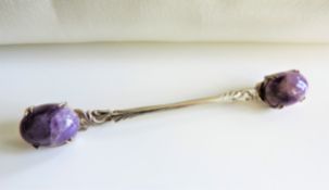 Antique Art Nouveau Silver 21ct Cabochon Amethyst Bar Brooch