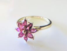Sterling Silver Pink Tourmaline Flower Cluster Ring New with Gift Pouch
