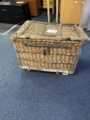 Wicker and hide hamper, metal hinge and plaque 38x28x24” af