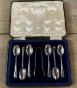Antique Boxed Set of 6 Sterling Silver Coffee spoons And Sugar Tongs