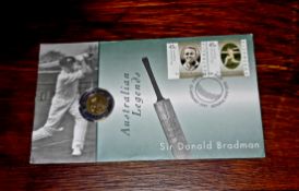 Sir Donald Bradman Commemorative First Day Issue Stamps and 5 Dollar Coin 1997.