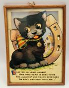 Vintage Good Luck Cartoon Cat Framed & Glazed c1930's Vintage Good Luck Cartoon Cat Framed &