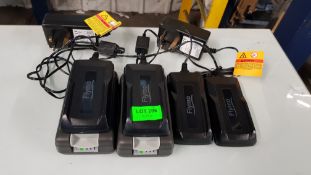 (11F) 2x Flymo 20V 2.0 Ah Battery & Charger. 2x Flymo 20V Charger.