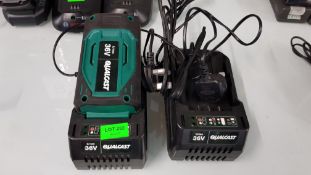 (11F) Qualcast Charging Lot. 2x 36V Chargers. 1x 36V Battery.