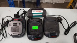 (11F) Bosch Charging Lot. 3x Single Charger. 1x 36V 2.0 Ah Battery. 1x 18V 1.5Ah Battery.