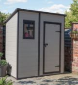 (P3) RRP £395. Keter Pent Manor 6 x 4ft Outdoor Garden Pent Storage Shed – Beige/Brown. A Convenien