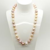 A peach, pink, champagne and grey freshwater pearl strung necklace with 9ct yellow gold clasp