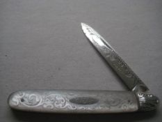 Large Victorian Mother Of Pearl Hafted Silver Folding Fruit Knife