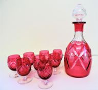 Vintage French Cranberry Glass Decanter Drinks Set Circa 1930'S