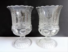 Pair Antique Edwardian Etched Glass Celery Vases