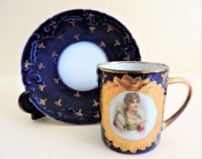 Antique French Porcelain Empress Josephine Portrait Coffee Can & Saucer
