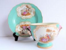Antique Meissen Celadon Blue Tea Bowl & Saucer With Figural Handles C. 1850'S