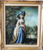 After Gainsborough Oil On Canvas Portrait Of Lady In A Blue Hat 75Cm High.