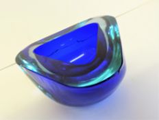 Murano Sommerso Geode Blue Glass Triangle Bowl.
