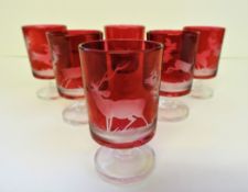Antique Art Nouveau French Hand Etched Ruby Red Glasses Circa 1910.