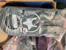Box of bicycle bits, including chainguards etc