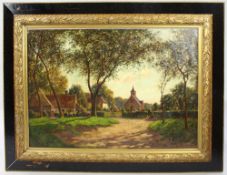 Large Late 19th c. Village Landscape Oil on Canvas