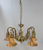 Five Arm Brass Chandelier with Amber Glass Shades