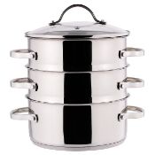 (R8) 4x Items. 1x Large Stewing Pot With Lid. 2x 3 Tier Steamer With Lid. 1x 3 Piece Pan Set With 3