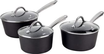 (9B) 2x Scoville Neverstick Toughened Aluminium 3 Piece Saucepan Set. (All Units Appear As New, Un