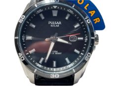 Pulsar Mens Solar Black Dial Black Leather Strap PX3157X1