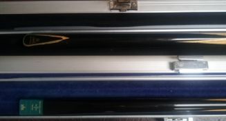 Peradon & Fletcher Royal one piece and a Cue Craft snooker cue in Aluminium cases.