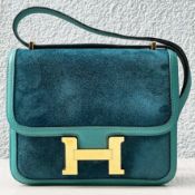 HERMES Hermes Constance 18 cm Bleu Ocean Malachite Veau Doblis Gold Side Bag