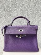 HERMES Kelly 32 Ultraviolet Clemence Leather PHW Shoulder Bag