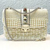 Valentino White Calfskin Leather and Pearls Rockstud Lock Small Shoulder Bag