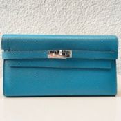 HERMES Hermes Kelly Long Blue Epsom Leather Palladium Hardware Wallet
