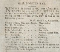 Rare Antique Complete 1799 Newspaper Hair Powder Tax Licence.