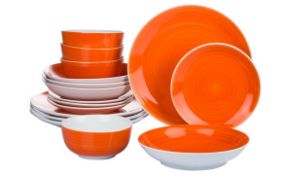 (6H) Dinner Set Lot – 44 Items. 1x 12 Piece Spin Wash Coral Red. 1x 12 Piece Stoneware 2 Tone Green