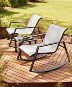RRP £209. Aruba 3 Piece Bistro Rocker Set Grey. Chair: H.92 x W.64.5 x L.82cm. Table: H.47 x W.50