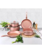RRP £75. Rose Gold 5 Piece Induction Pan Set. Dimensions: Saucepan - 20x 9cm. Medium Casserole -