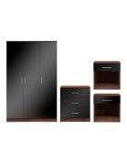 RRP £289. Miami Gloss 4 Piece Bedroom Package Walnut Effect / Black. (2x Bedside, 3 Drawer Chest, 3