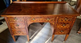 Antique Edwardian Desk Heavily Inlaid with Original Casters
