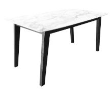 (P) RRP £300. Aubrey Faux Marble Dining Table. White Gloss Marble Effect Table Top. Solid Wood Legs